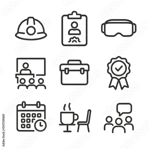 Workforce Training Icons. Outline icon set of workforce and training: miner helmet, clipboard training manual, virtual reality