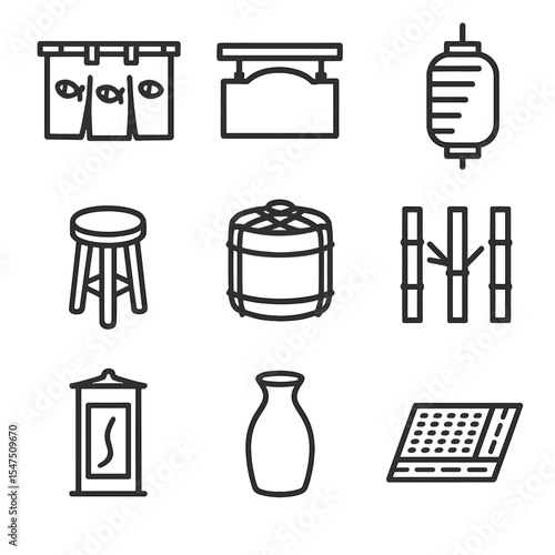 Sushi Decor Icons. Outline icon set of sushi restaurant decor: noren curtain, wooden signboard, paper lantern, bar stool, sake