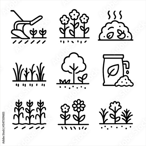 Sustainable Farming Icons. Outline icon set of sustainable farming practices: no-till plow, cover crop, compost heap, organic