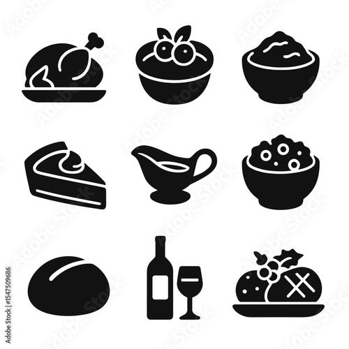 Holiday Feast Icons. Solid, filled icons set of holiday food traditions: roast turkey, cranberry sauce, mashed