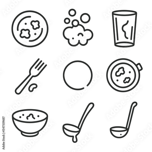 Dirty Dishes Icons. Outline icon set of dirty dishes collection: crusted plate, greasy pan, soapy bubbles, stained glass, used