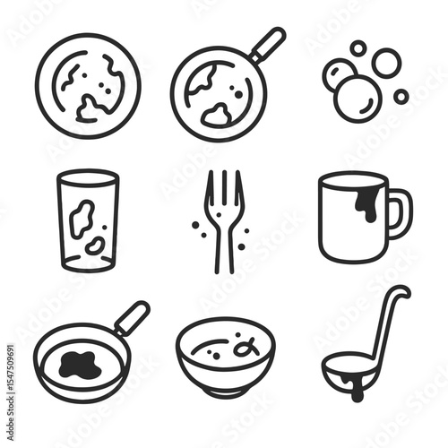 Dirty Dishes Icons. Outline icon set of dirty dishes collection: crusted plate, greasy pan, soapy bubbles, stained glass, used