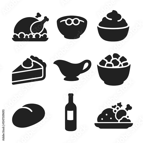 Holiday Feast Icons. Solid, filled icons set of holiday food traditions: roast turkey, cranberry sauce, mashed