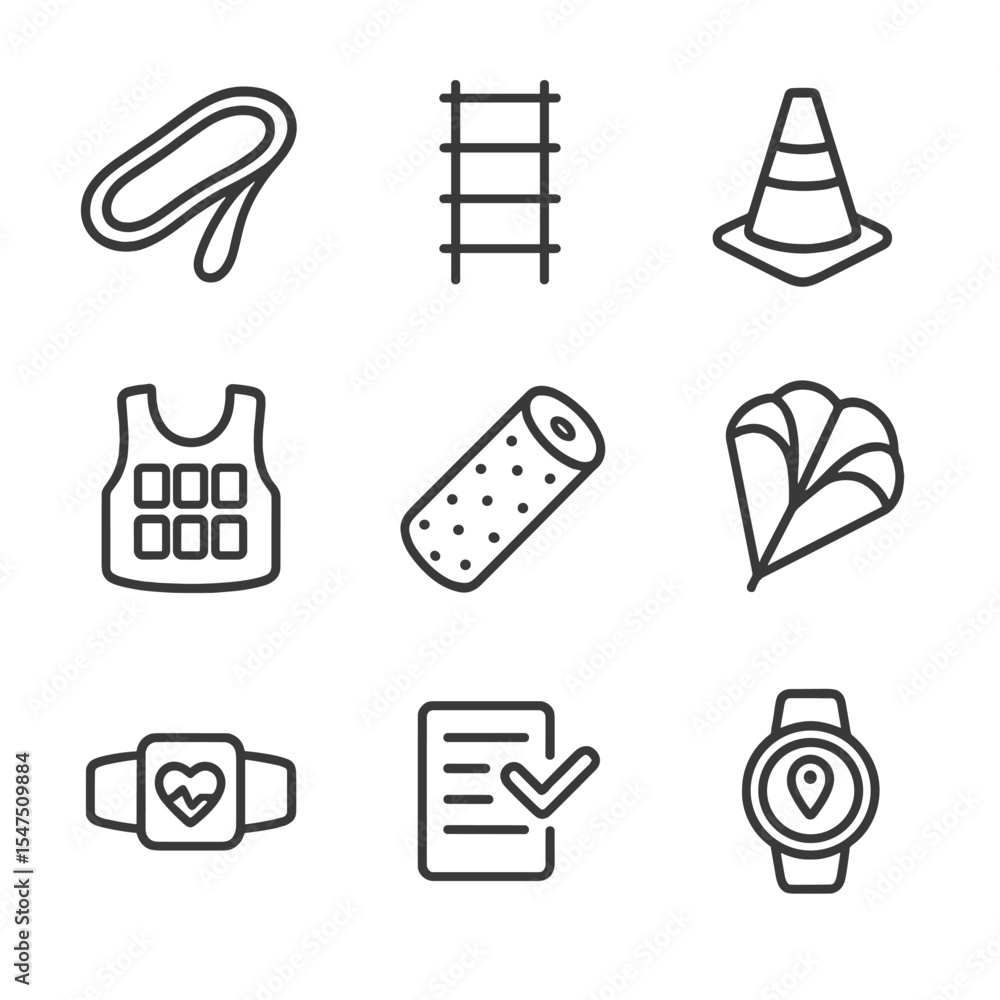 Training Tools Icons. Outline icon set of training tools: resistance band, agility ladder, cone drill, weighted vest, foam roller,