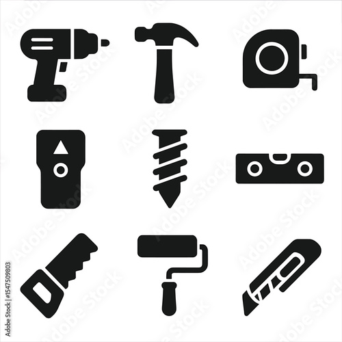 Home Improvement Tools. Solid, filled icons set of home improvement tools: drill, hammer, measuring tape, stud