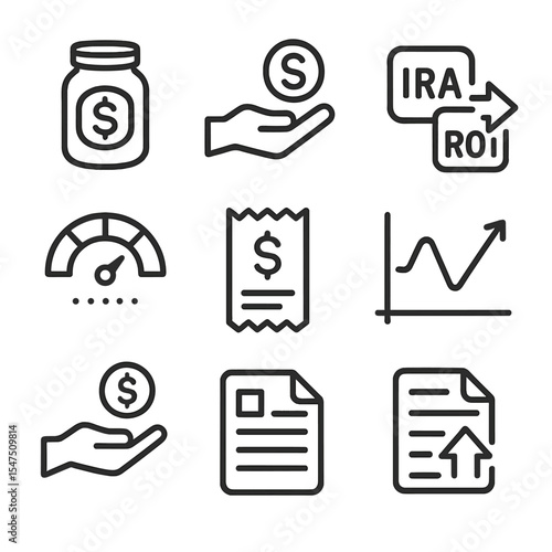 Tax Strategy Icons. Outline icon set of tax-efficient retirement strategies: tax-deferred account, tax-free withdrawal icon, Roth