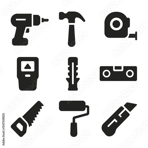 Home Improvement Tools. Solid, filled icons set of home improvement tools: drill, hammer, measuring tape, stud