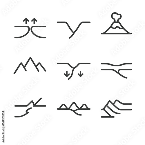 Tectonic Icon Set. Outline icon set of tectonic geological features: mid-ocean ridge, ocean trench, volcanic arc, mountain range,