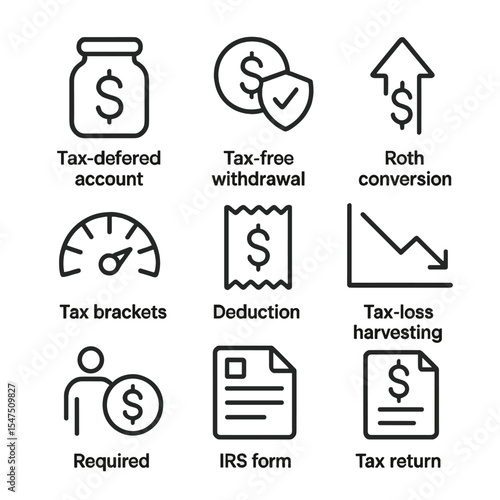 Tax Strategy Icons. Outline icon set of tax-efficient retirement strategies: tax-deferred account, tax-free withdrawal icon, Roth