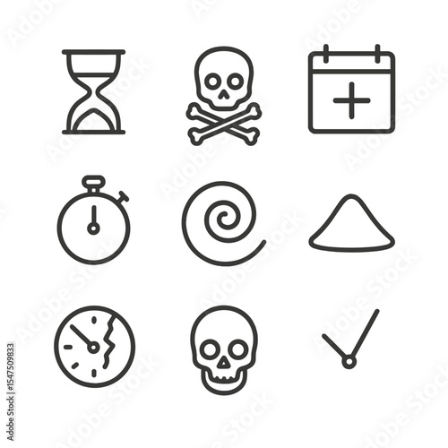 Time and Mortality Icons. Outline icon set of time and mortality: hourglass, skull and crossbones, calendar page with cross,