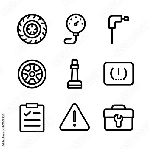 Tire Maintenance Icons. Outline icon set of tire pressure maintenance: car tire, pressure gauge, air pump nozzle, wheel rim, valve