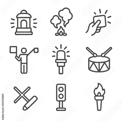 Distress Signal Icons. Outline icon set of non-verbal distress methods: signal lamp, smoke signals, mirror flashes, torch beacon,