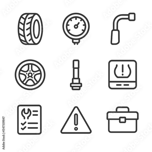 Tire Maintenance Icons. Outline icon set of tire pressure maintenance: car tire, pressure gauge, air pump nozzle, wheel rim, valve
