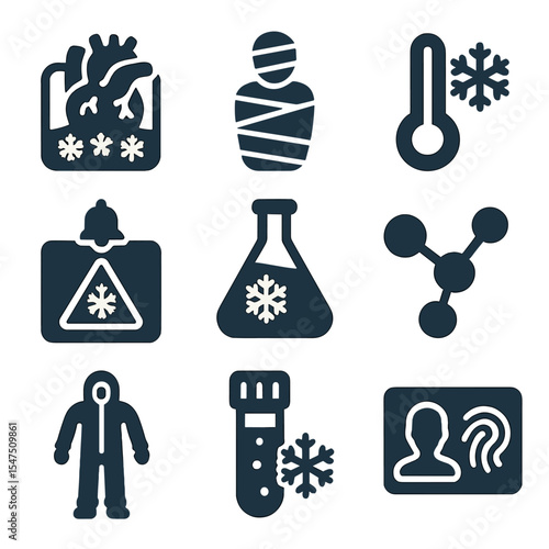 Human Preservation Icons. Solid, filled icons set of human preservation science: organ freeze, body wrap,