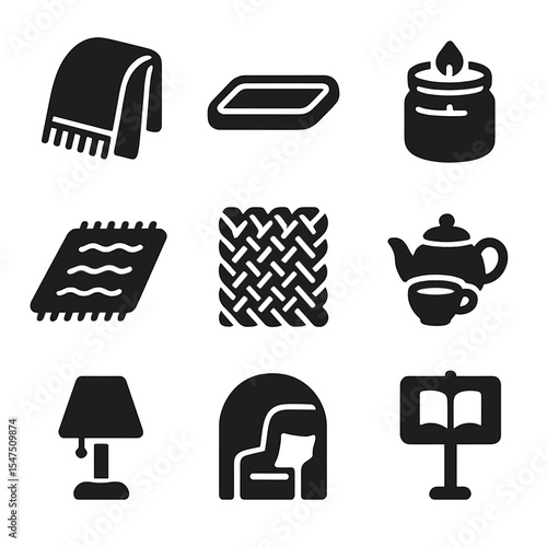 Hygge Decor Icons. Solid, filled icons set of hygge home decor: fuzzy throw, wood tray, candle jar, soft rug,