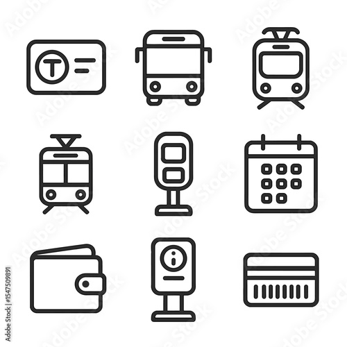 Transit Icons Set. Outline icon set of monthly transit passes: transit card, bus icon, metro train, tram silhouette, ticket