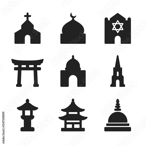 Diverse Worship Icons Grid. Flat icon set of places of worship diversity: church silhouette, mosque dome, synagogue façade, temple