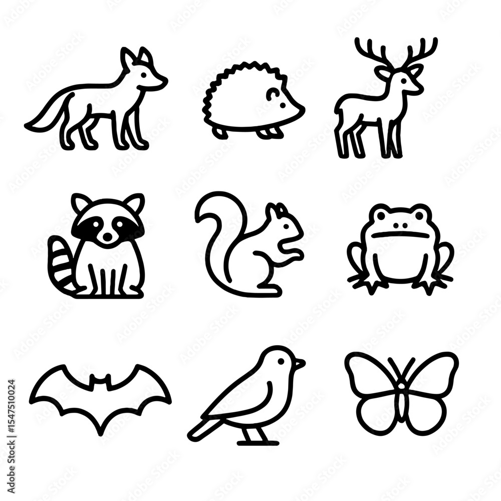 Obraz premium Urban Animal Icon Set. Outline icon set of target urban species: red fox, hedgehog, urban deer, raccoon, squirrel, toad, bat