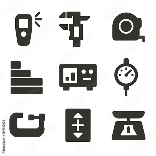 Industrial Measurement Icons. Solid, filled icons set of industrial measurement systems: laser rangefinder,