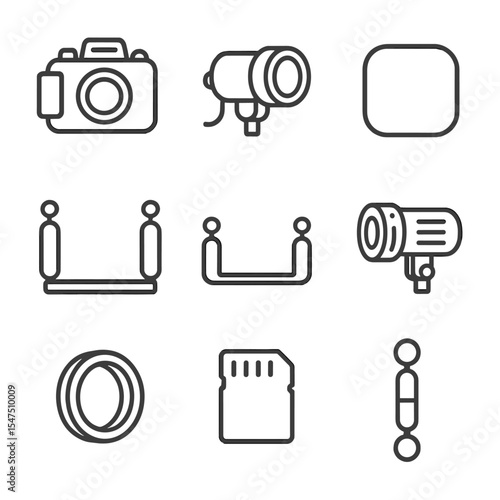 Underwater Photography Gear Icons. Outline icon set of underwater photography gear: waterproof camera housing, strobe light, red