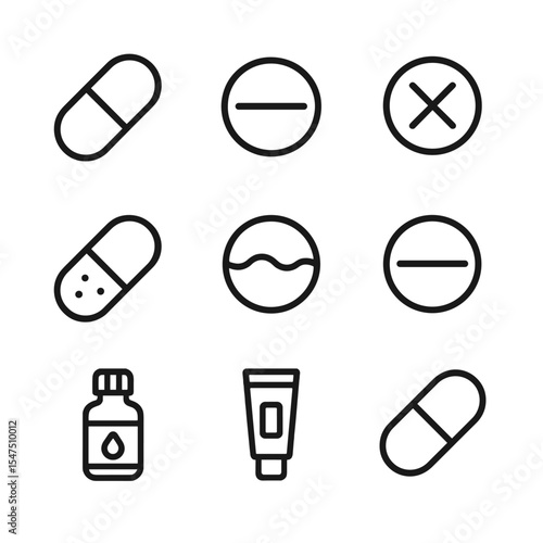 Drug Classification Icons. Outline icon set of drug classifications: antibiotic capsule, analgesic tablet, antiviral pill,