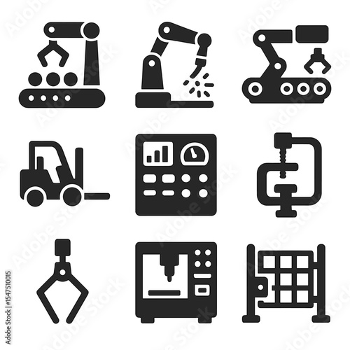 Industrial Robotics Icons. Solid, filled icons set of industrial robotics: assembly line, robotic welder,