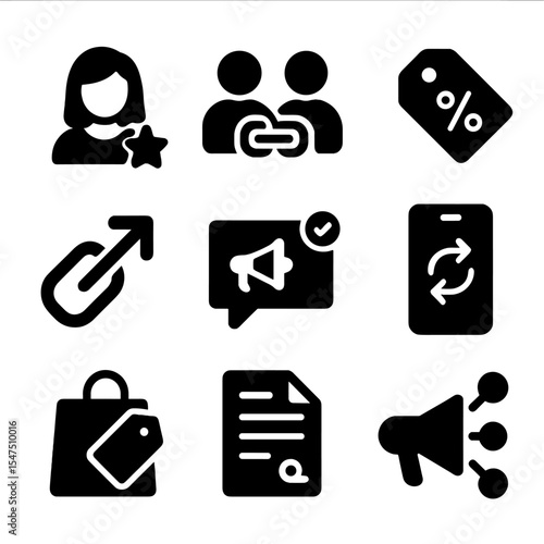 Influencer Marketing Icons. Solid, filled icons set of influencer and partnership marketing: influencer avatar