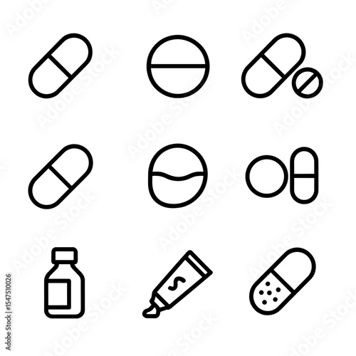 Drug Classification Icons. Outline icon set of drug classifications: antibiotic capsule, analgesic tablet, antiviral pill,