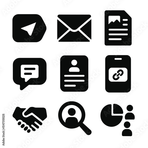 Influencer Outreach Icons. Solid, filled icons set of influencer outreach tools: DM icon, email envelope,
