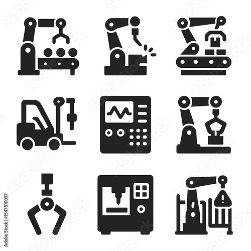 Industrial Robotics Icons. Solid, filled icons set of industrial robotics: assembly line, robotic welder,