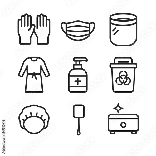 Vaccination Clinic Tools. Outline icon set of vaccination clinic PPE: vaccination gloves, surgical mask, eye protection visor,