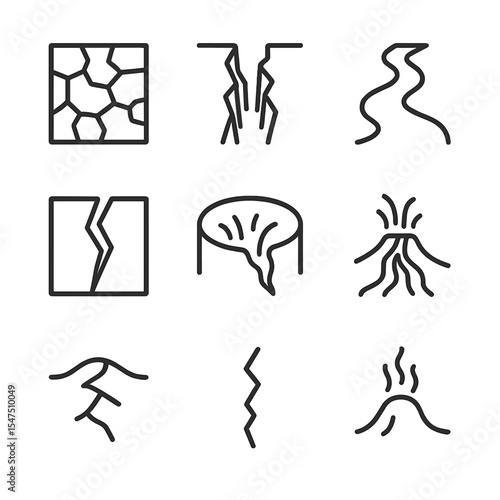 Earth Fissure Icons. Outline icon set of earth and soil fissures: dried mud crack, canyon split, desert wash line, tectonic fault,