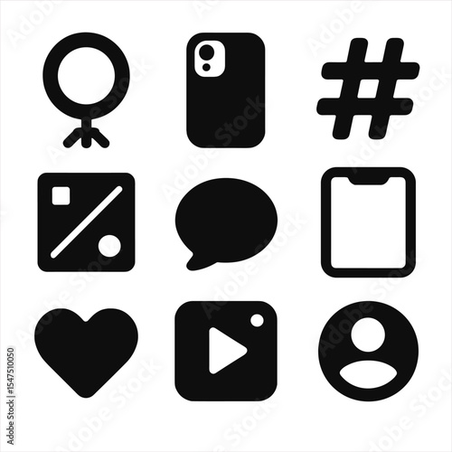 Influencer Tools Icons. Solid, filled icons set of social media influencer tools: ring light, smartphone