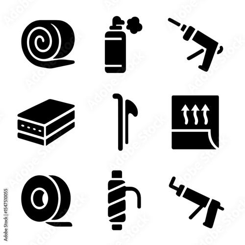 Insulation Tools Icons. Solid, filled icons set of insulation and sealing: fiberglass roll, spray foam,