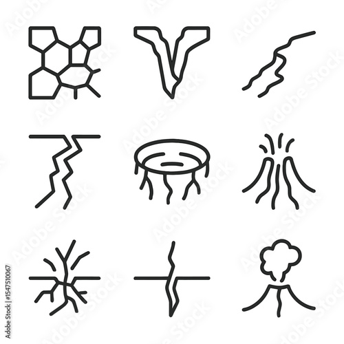 Earth Fissure Icons. Outline icon set of earth and soil fissures: dried mud crack, canyon split, desert wash line, tectonic fault,