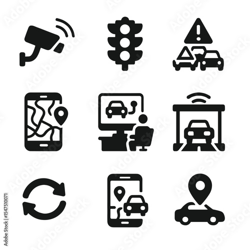 Intelligent Transport Icons. Solid, filled icons set of intelligent transport systems: traffic sensor, smart