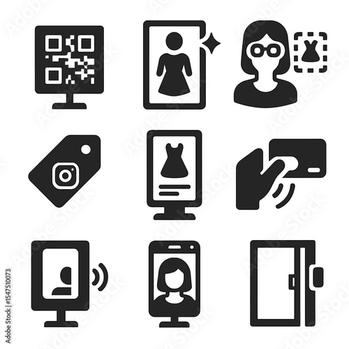 Interactive Boutique Icons. Solid, filled icons set of interactive boutique displays: QR code sign, smart