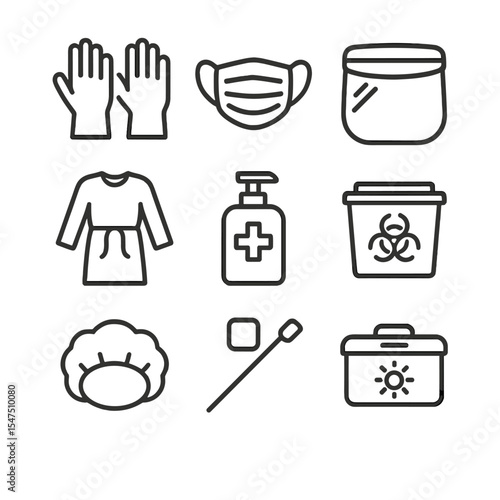 Vaccination Clinic Tools. Outline icon set of vaccination clinic PPE: vaccination gloves, surgical mask, eye protection visor,