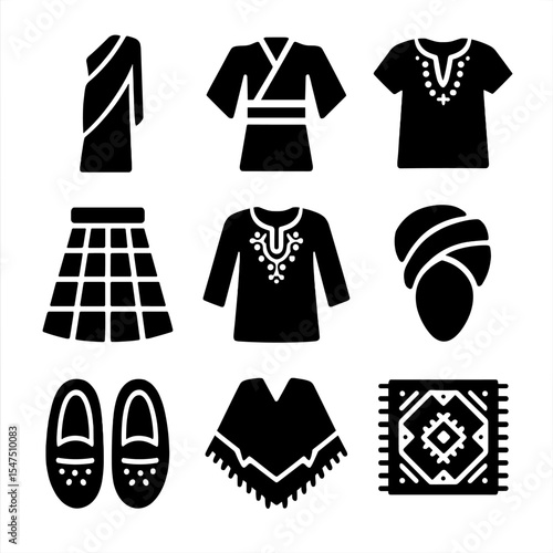 International Fashion Icons. Solid, filled icons set of international clothing and fashion: sari, kimono,