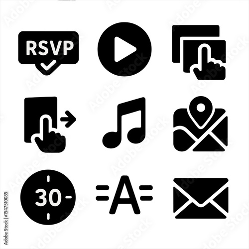 Interactive Invitation Icons. Solid, filled icons set of interactive invitation features: RSVP button,