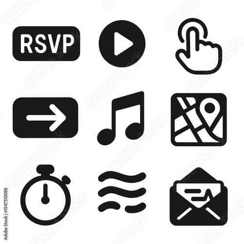 Interactive Invitation Icons. Solid, filled icons set of interactive invitation features: RSVP button,