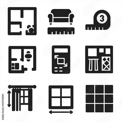 Interior Design Icons. Solid, filled icons set of interior design planning: floor plan, furniture scale,
