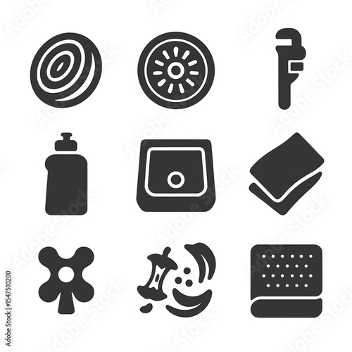 Kitchen Maintenance Icons. Solid, filled icons set of kitchen sink maintenance: steel wool, drain strainer,