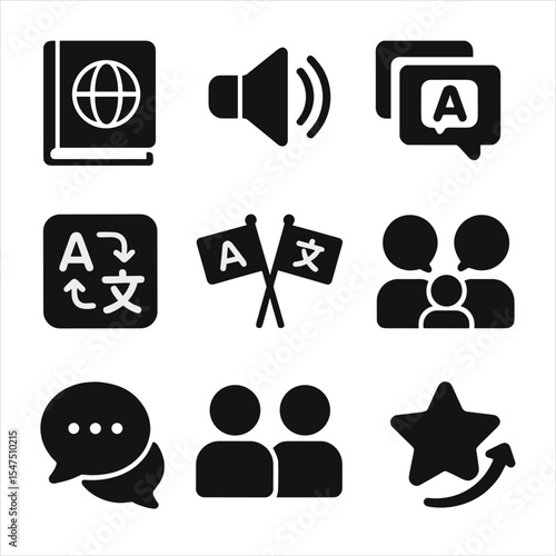 Language Learning Icons. Solid, filled icons set of language learning through friendship: textbook icon,