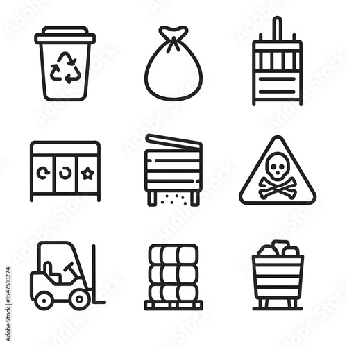 Waste Management Icons. Outline icon set of waste and recycling handling: recycle bin, trash bag, cardboard bailer, compacting