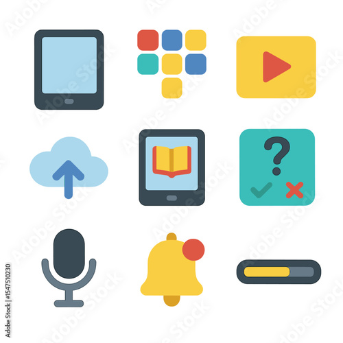 Educational App Icons. Flat icon set of educational apps and tools: tablet device, app icon grid, video tutorial play button,