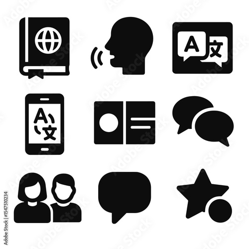 Language Learning Icons. Solid, filled icons set of language learning through friendship: textbook icon,