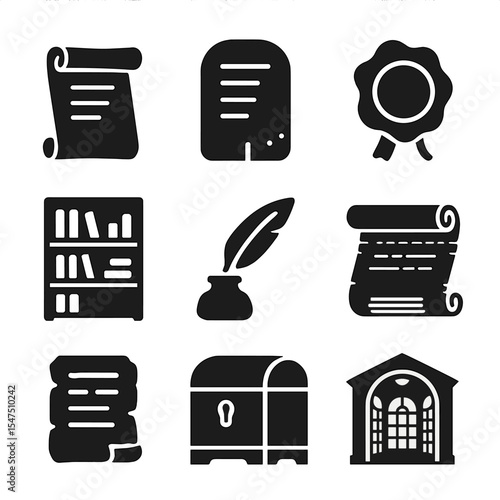 Library History Icons. Solid, filled icons set of the history of libraries and the preservation of knowledge: