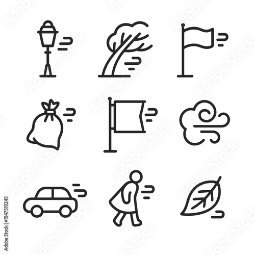 Windy City Icons. Outline icon set of city street in strong breeze: street lamp, leaning tree, fluttering flag, blowing trash bag,
