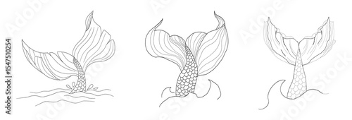 Hand-drawn mermaid tail illustration with wave lines and fantasy elements set. Tattoo-style black outline for sea-inspired, feminine, or mythological vector projects.